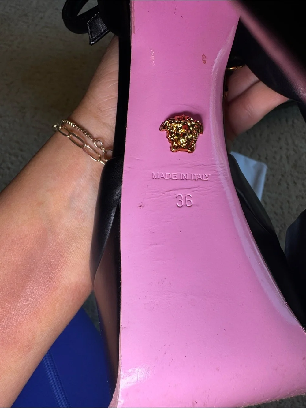 Versace Black Leather Platform Sandals with Medusa Charm & Pink Insoles Size 6
